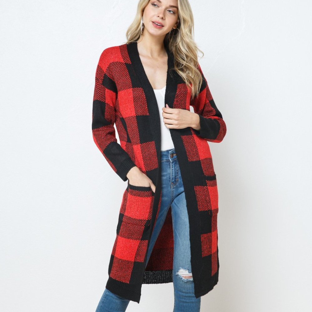 Knit Plaid Cardigan w/ Solid Hem Contrast